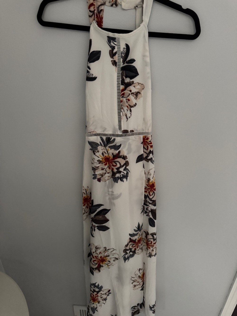 White Floral Halter Maxi Dress with Navy and Rust Accents